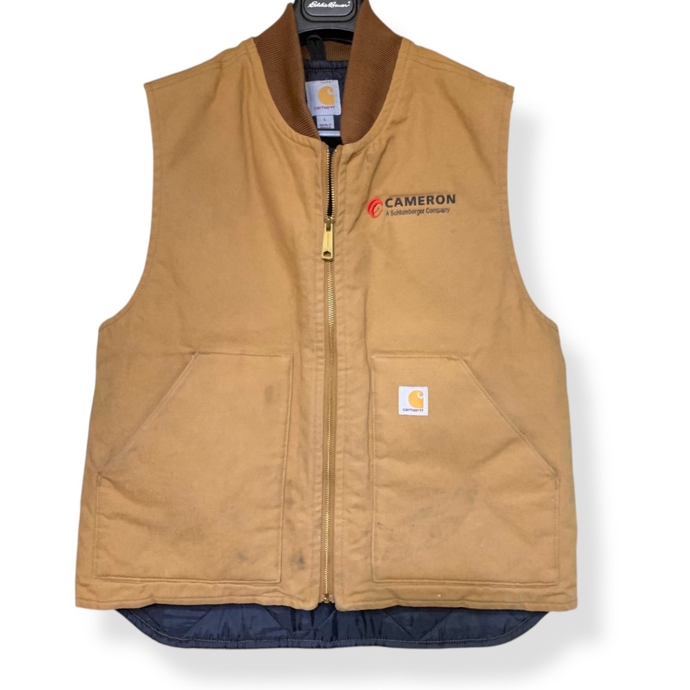 Carhartt Mens Canvas Work‎ Vest Sz L Cameron Schlumberger Logo Brown